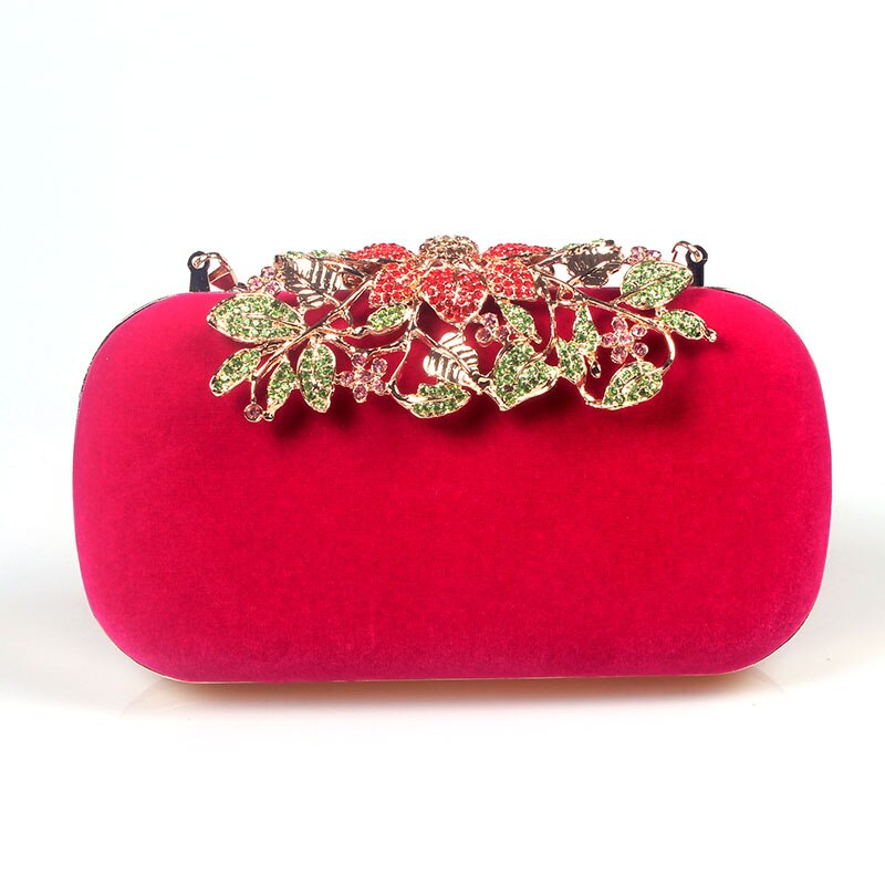 Blomma strass kristall diamant lyx velour kvinnor dag koppling väska bröllop väska för kvinnor 6 färg: Rosröd
