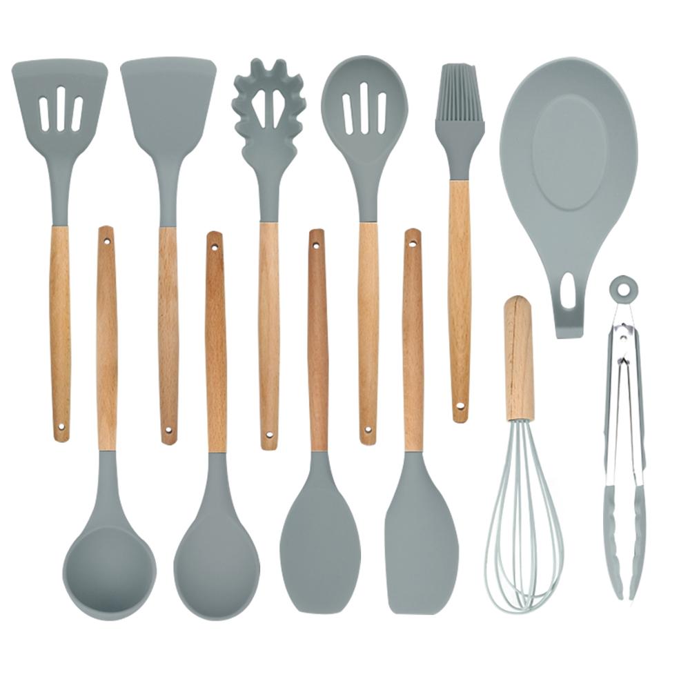 Beukenhout Gebruiksvoorwerp Serveren Spaghetti Sleuven Spatel Siliconen Koken Lepel Set Met Houten Lange Handvat Houder Voor Keuken: 12 pcs