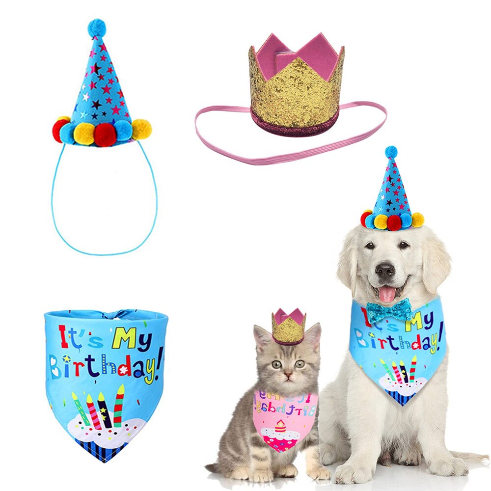 Sombrero de cumpleaños de perro y gato Kawaii, bufanda triangular, corona de lentejuelas, disfraz de de cumpleaños de mascotas, de Navidad Gorro, gatos