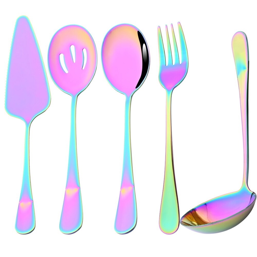 5Pcs Rainbow Stainless Steel Cutlery Serving Utensils Dinnerware Set Buffet Catering Serving Colander Spoons Fork Silverware Set: Rainbow