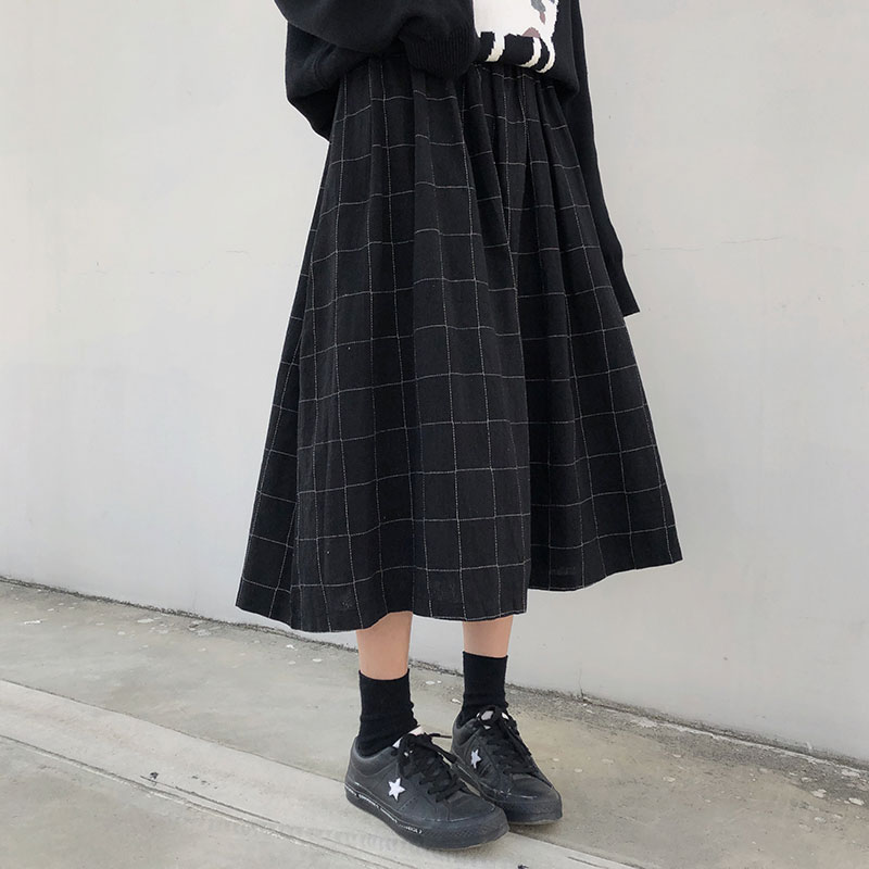 2 farben japanischen stil hohe elastische taille Lange Röcke Frau herbst Winter Plaid A-linie plissee Röcke frauen (X1078)