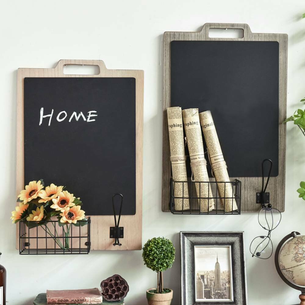 Wall Mounted Whitewashed Wood Chalkboard & Cork Board Rack with Mail Sorter & Key Hooks Retro Memo Reminder message board