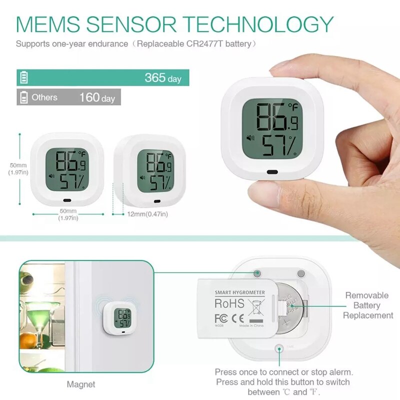 Wireless Thermometer Hygrometer Mini Bluetooth 5.0 Humidity Temperature Sensor Alert Build-in Magnet for House