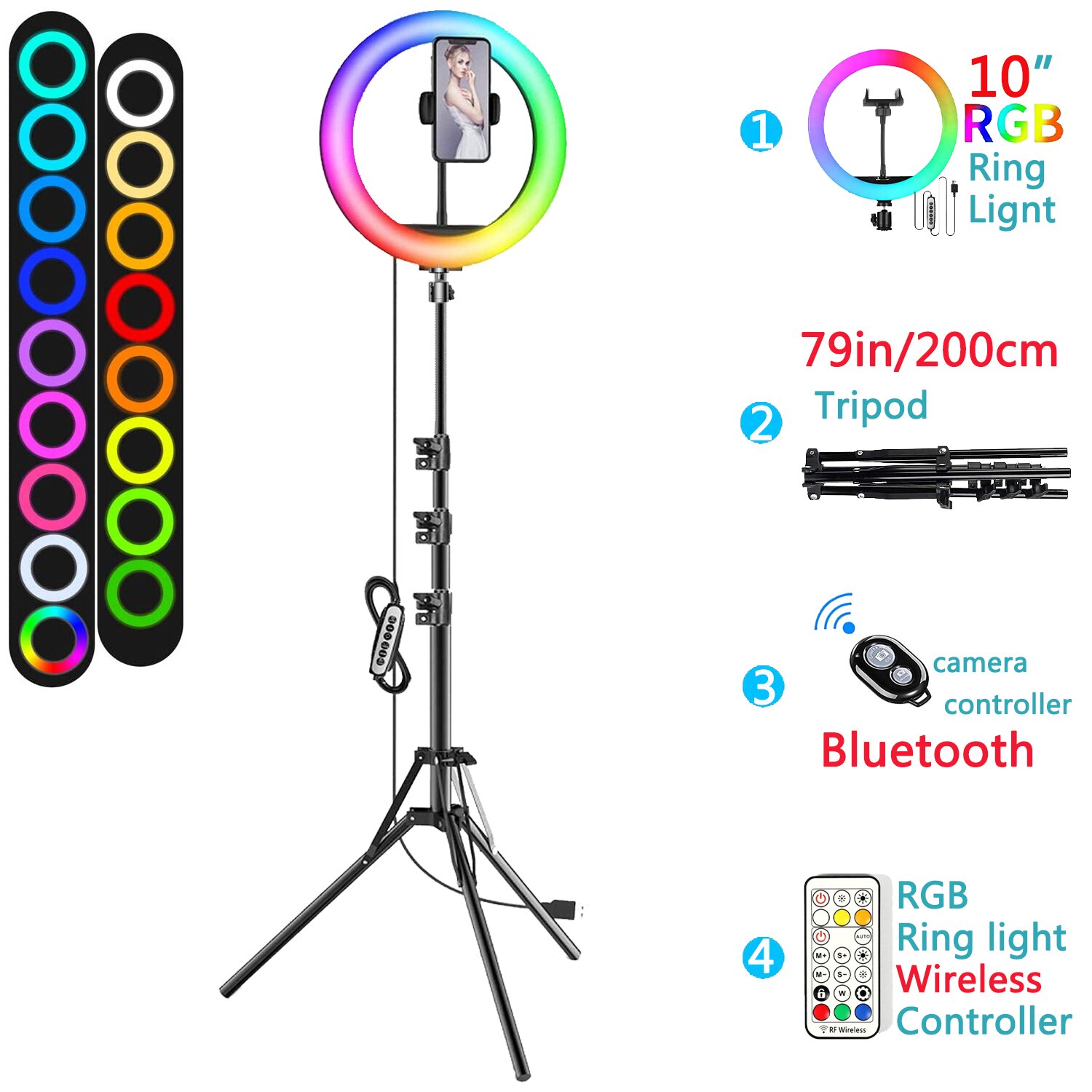 10in Rgb Led Kleur Selfie Ring Licht Fotografie Ringlicht Telefoon Standhouder Cirkel Lamp Trepied Statief Vullen Licht Makeup: with 200cm Tripod