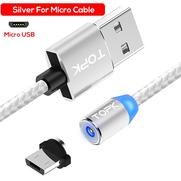 Topk 1M(3.3ft) Led Magnetische Micro Usb Kabel, premium Nylon Gevlochten Magneet Microusb Charger Kabel Voor Micro Usb Poort: 1 SliverCable 1 Plug / 1m