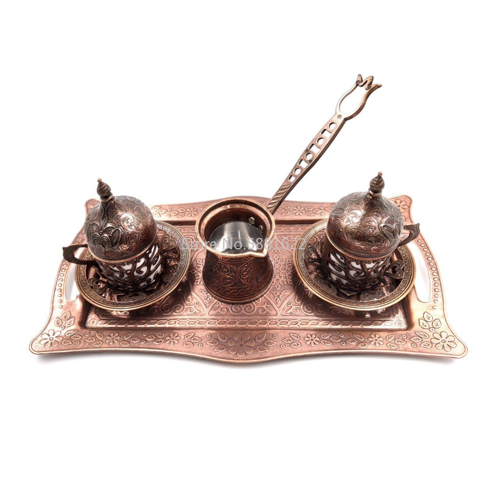 Handgjord klöver turkisk grekisk arabisk kaffe espresso serveringssats för 2, koppar fat fat lock glädje sockerrätt