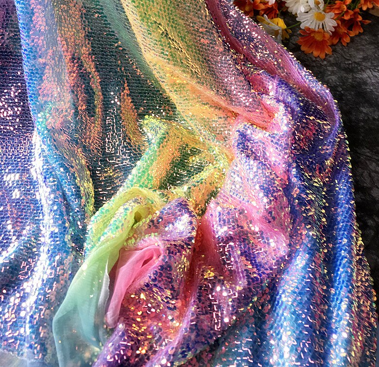 Colorful Rainbow Shiny Special Material Sequin Fish Scale Fabric Drape Dress Fabric 1 Yard