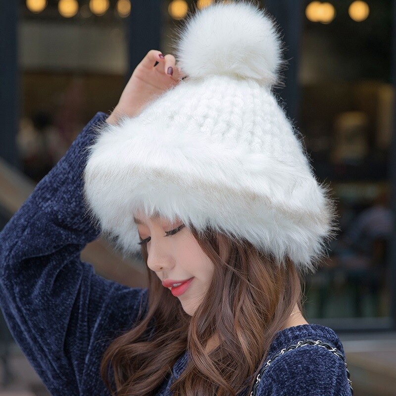 Stylish Women Fluffy Hat Knitted Beanies Winter Ski Hats Weaving Mongolia Cap for Outdoor ENA88: White