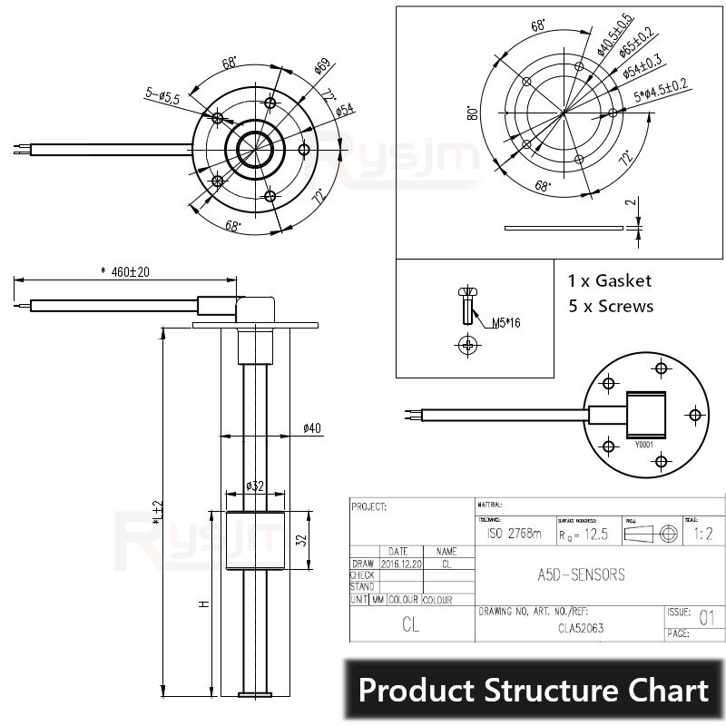 Boat Car 52MM Fuel Level Gauge with Fuel Level Sensor 90 120 140 200 240 260MM Stainless Steel Fuel Level Meters Fit 0~190ohm