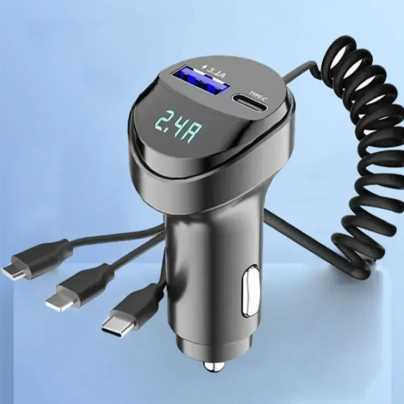newSnel opladen 55w auto multifunctionele 2 poorten USB-autolader drie in één USB intrekbare oplaadkabel met spanningsweergave