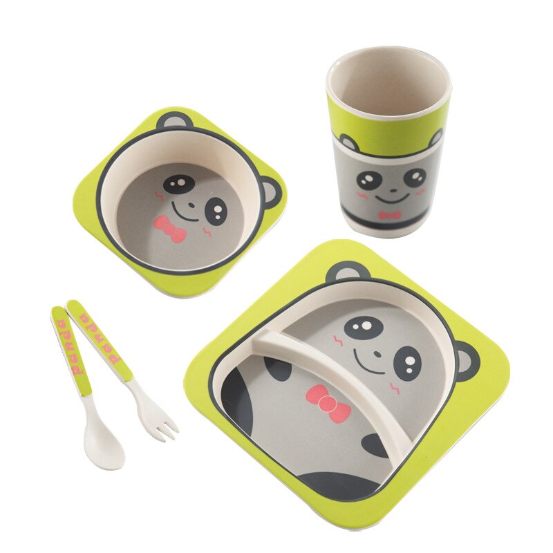 5 stk / sæt babyservise bordservice børn tegneseriefodringsretter børns naturlige bambusfibre servise med skål gaffel kop skeplade