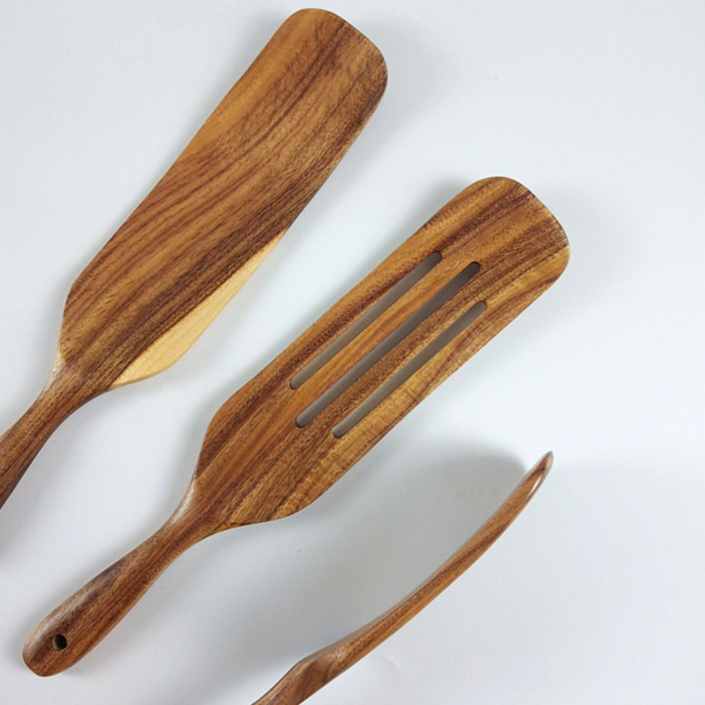 5pcs Stirring Serving Cooking Utensil Spatula Home Non Stick Kitchen Tool Slotted Turner Wooden Spurtle Set Mixing Restaurant