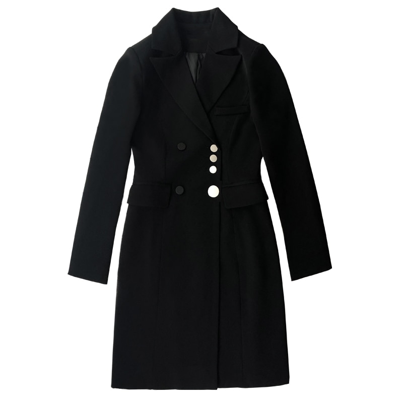 [eam] kvinder sort knapsøm lang blazer revers langærmet loose fit jakke tide forår efterår 1 w 524: M