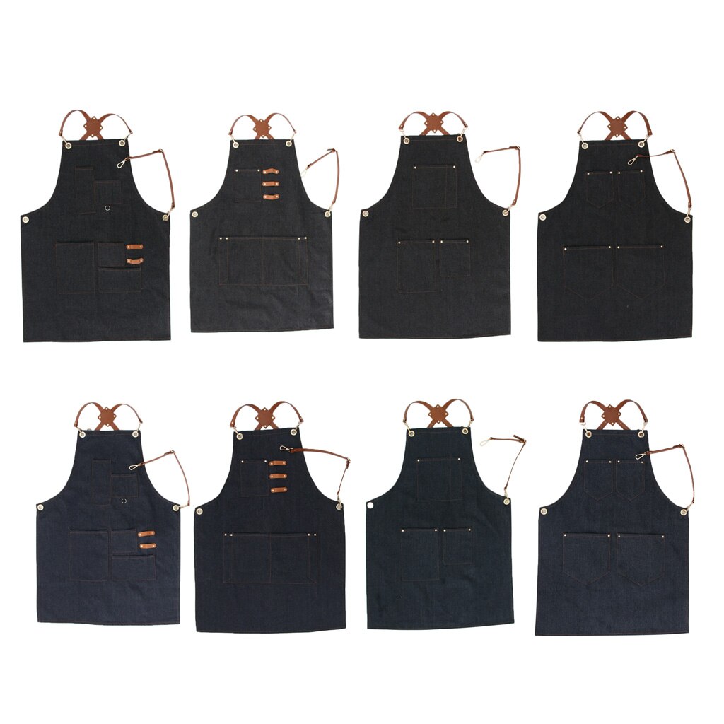 Leather Strap Denim Bib Apron BBQ Baker Bartender Barista Chef Work Uniform