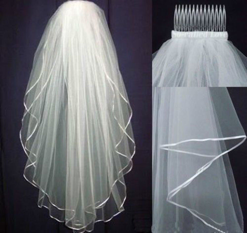 ¡DE DESCUENTO! Velo de novia blanco o marfil de 2 capas longitud del codo con peine