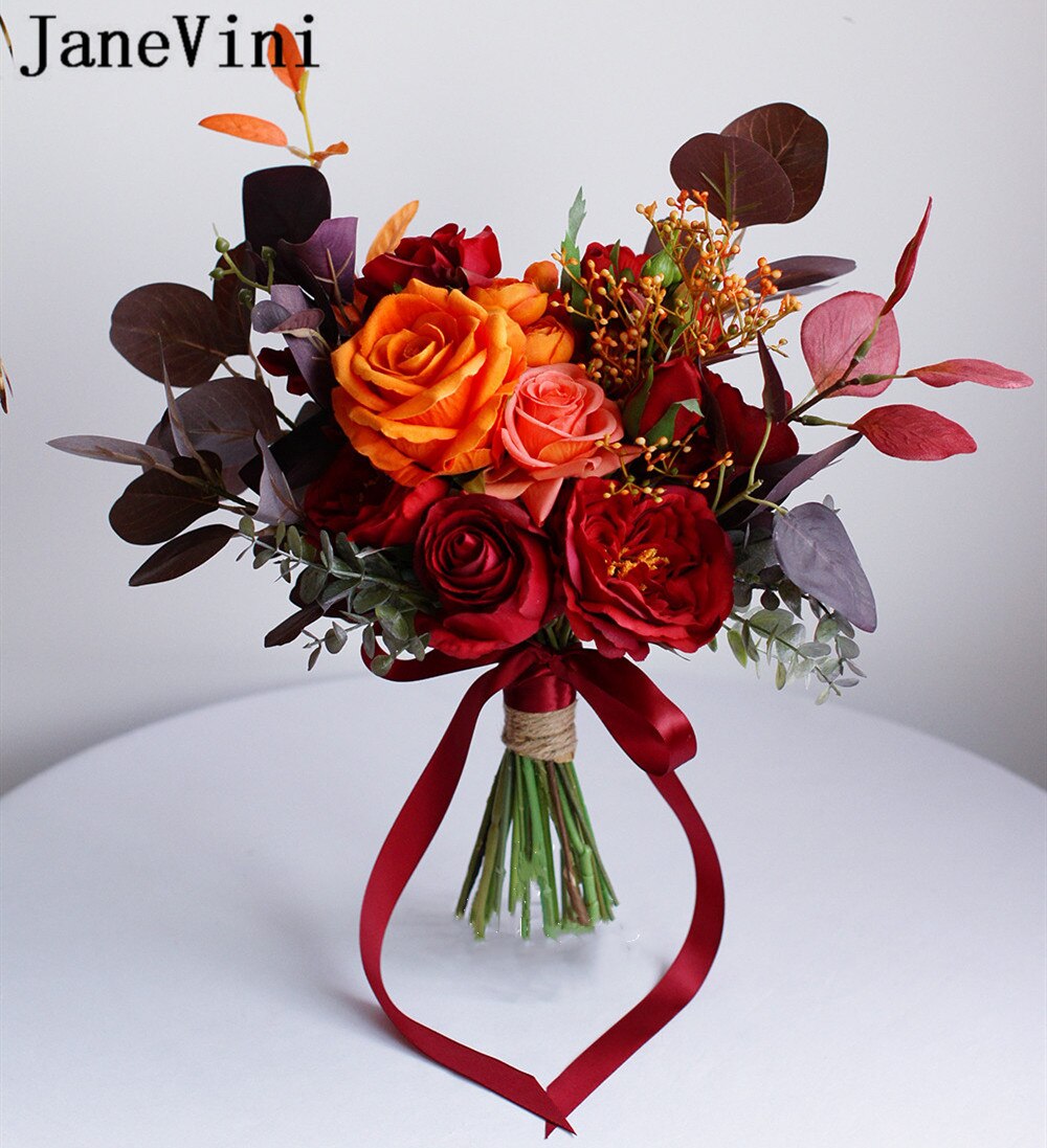 Janevini vintage höst vinter bröllop blommor brudbuketter imitation blomma röd orange ros blad brud brosch bukett