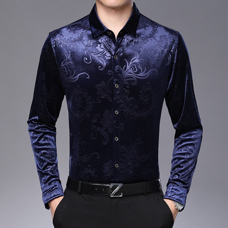 Herren Luxus Samt Blumen- Kleid Hemden schlank passen Langarm Velours Hemd Männer lässig Hemd Männlichen oben Hemd