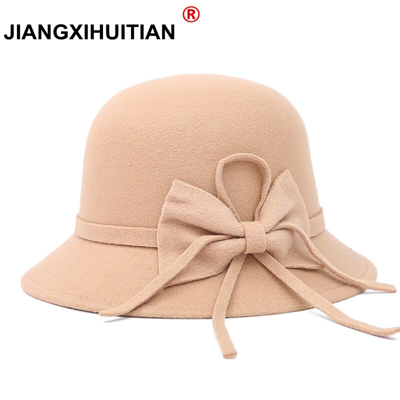 Vintage dam hatt ull topper höst och vinter rosett stor brättad keps strand bowknot vintrar hattar för kvinnor