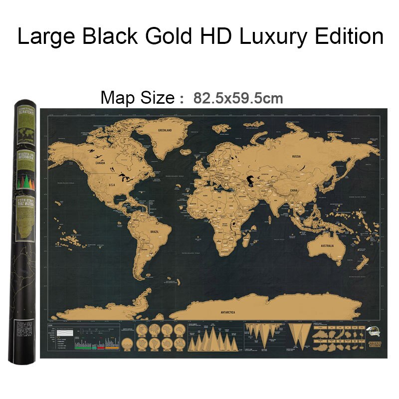 Retro verdenskort 82.5 * 59.5cm sort og guld kan markere verden skrabe billede vægmaleri klasseværelse plakat enkel kunst dekoration