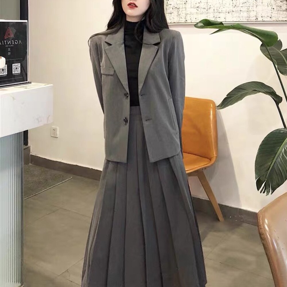 Alta qualidade outono coreano ol duas peças conjunto feminino casual blazer casaco + cordão saia plissada ternos senhoras 2 peça conjunto: gray / XL