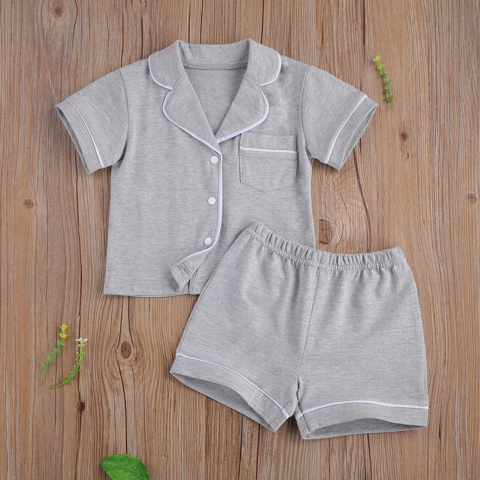 1-7Y Kleine Jongen En Meisje 2 Stuk Pyjama Pak, kinderen Effen Kleur Korte Mouw Knop Top, Korte Broek Past