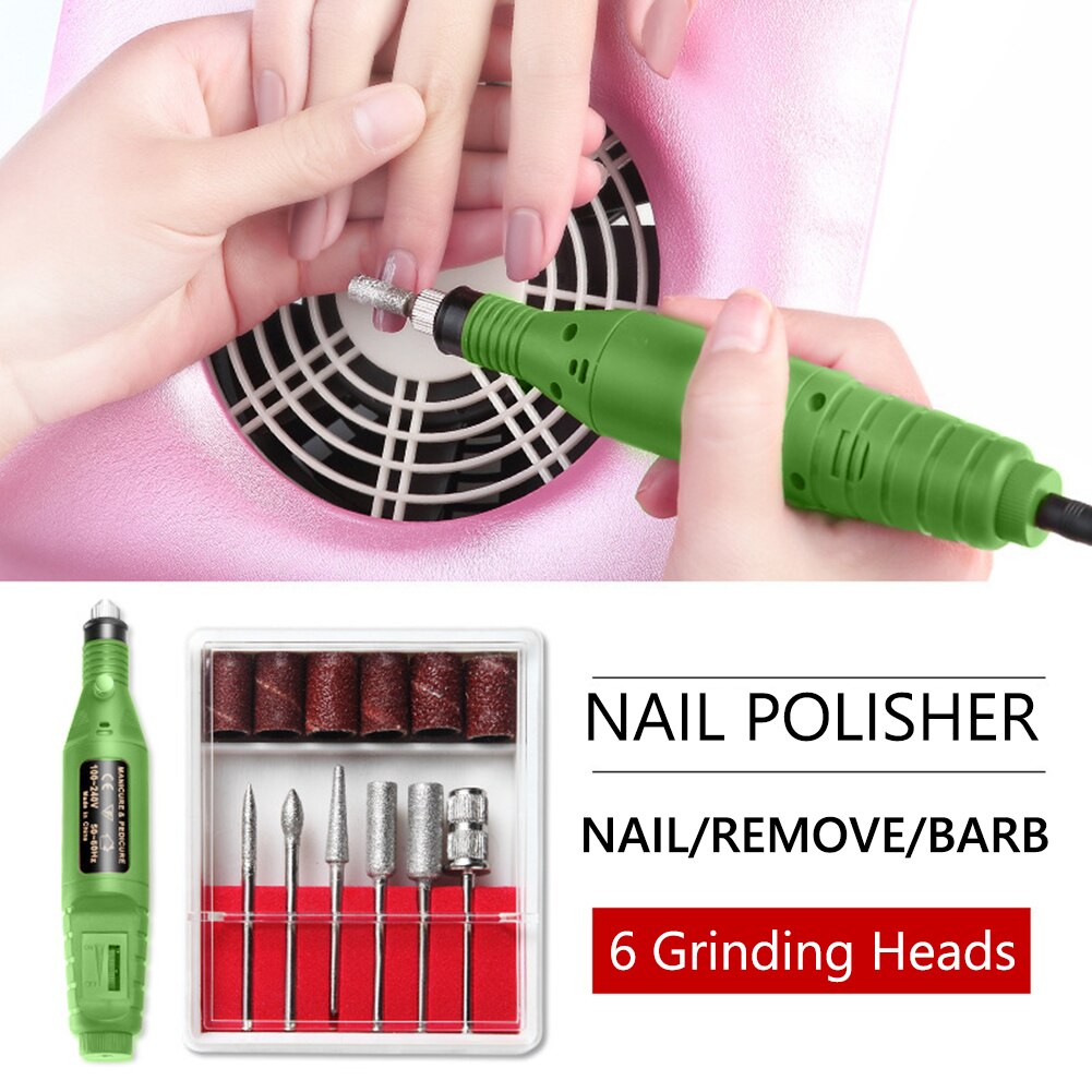 1Set Elektrische Nail Boor Machine Kit Usb Opladen Manicure Machine Pedicure 6 Bits Schuren Buffer Nagelvijl Nail Art pen TSLM1: green