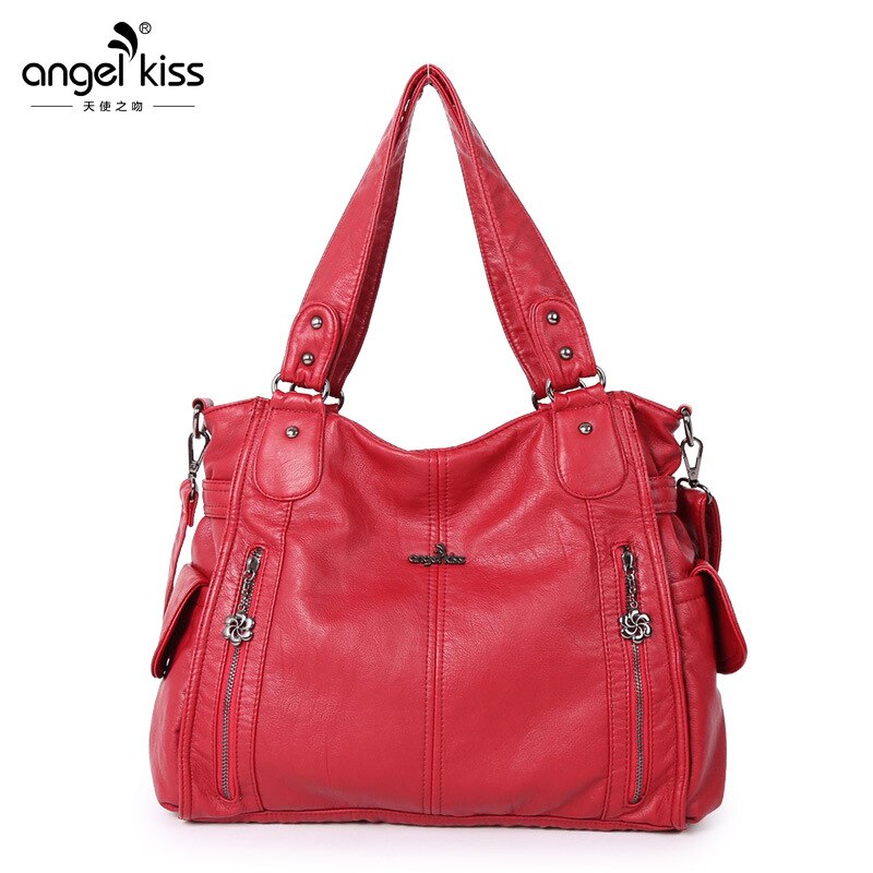 Bolso de hombro de lujo suave de múltiples bolsillos para mujer , bolsos de compras de piel sintética de , bolsos de invierno de para mujer: Rojo