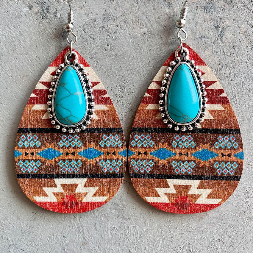 Aztec Pattern Wood Turquoise Teardrop Earrings for Women 2022 Western Inspired Earrings Boho Jewelry: 1