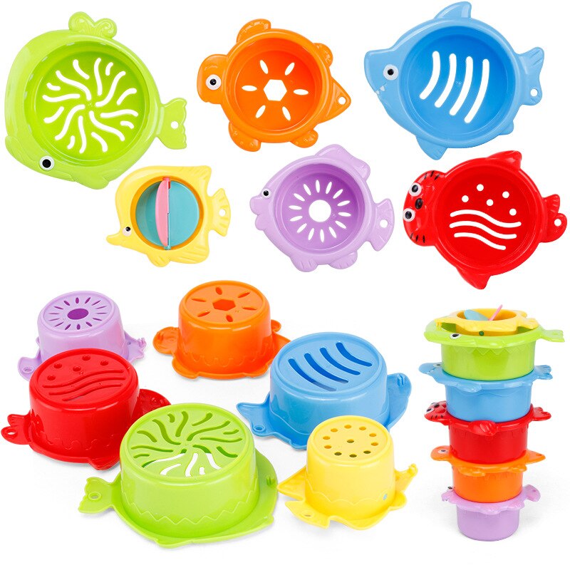 6 stks/set Baby Float Water Stapelen Cups Klassieke Bad Speelgoed Zwemmen Educatief Speelgoed voor Kinderen Plastic Fish Animal voor Badkamer