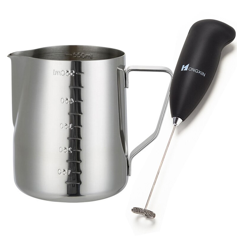 Stainless Steel Milk Frothing Pitcher 550ml and Handheld Battery Operated Electric Foam Maker Perfect for Latte / Cappuccino: Set of 2