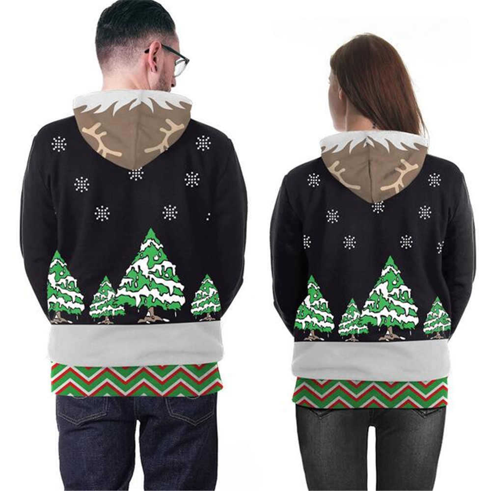 Christmas Sweatshirt - 3D Printing Reindeer - Hooded Pullover - Couple Lovers Clothing