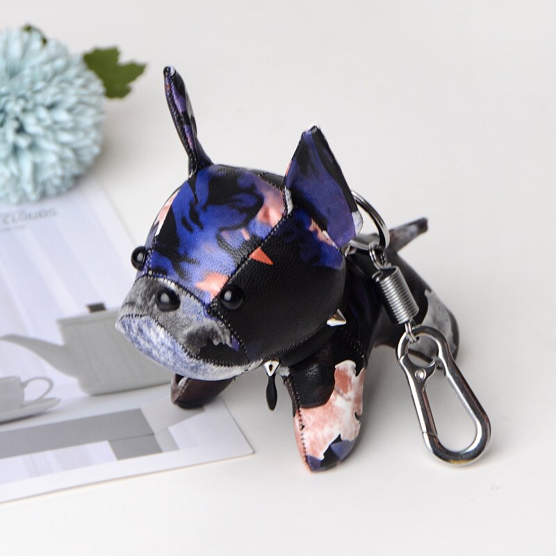 French Bulldog Keychain PU Leather Animal Dog Keyring Holder Bag Charm Trinket Chaveiros Bag Accessories Punk Style Pendant: colorful leopard