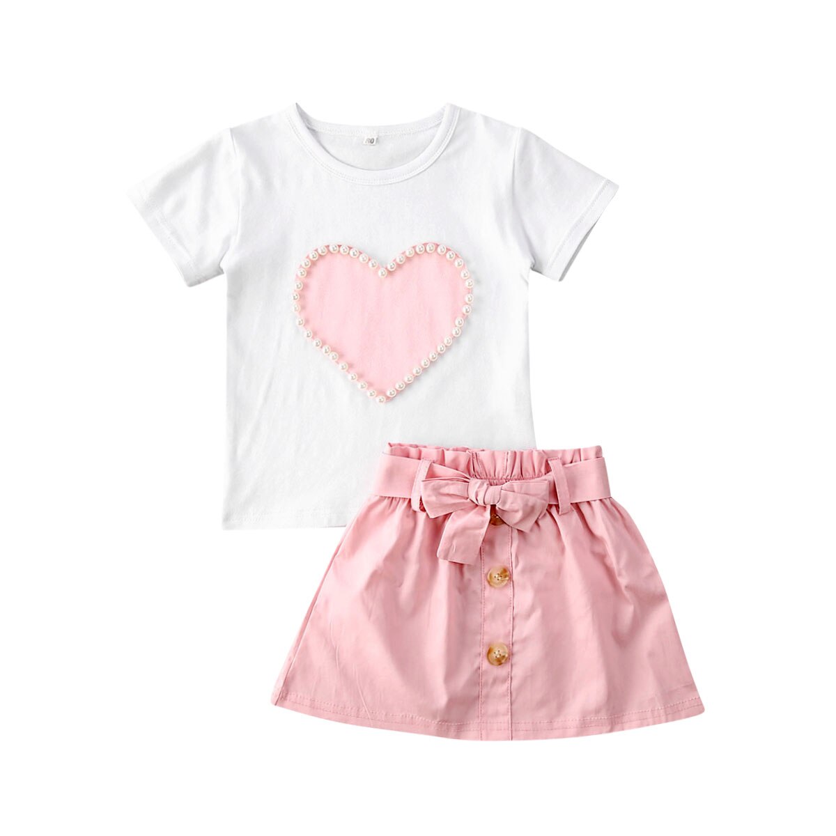 Baby Summer Clothing 1-5T Infant Kid Valentine Clothes Pearls Heart Top Shirt Skirt 2Pcs Set Outfit: Pink / 24M