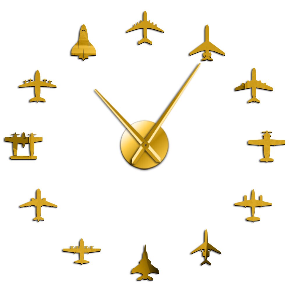 Pilot Airplane Contemporary Wall Clock Silent Quartz 3D Mirror Effect DIY Wall Art Modern Fly Plane Fighter Jet Klok: Gold / 37 Inch