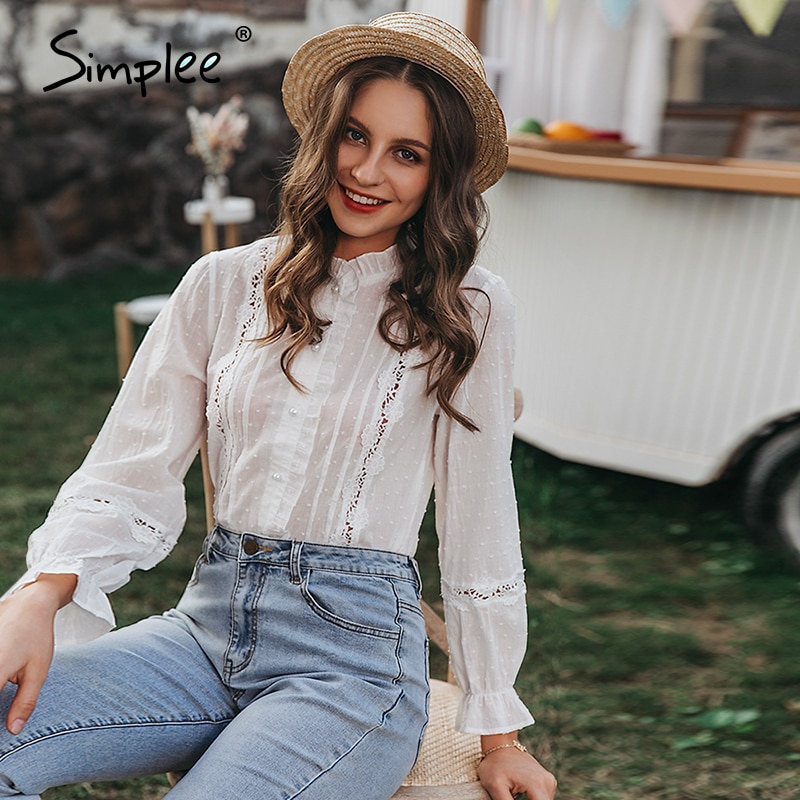 Simplee forår sommer chic hvid bluse vintage udhulet kvindelige kontor damer toppe afslappet blonder lange ærmer korte toppe