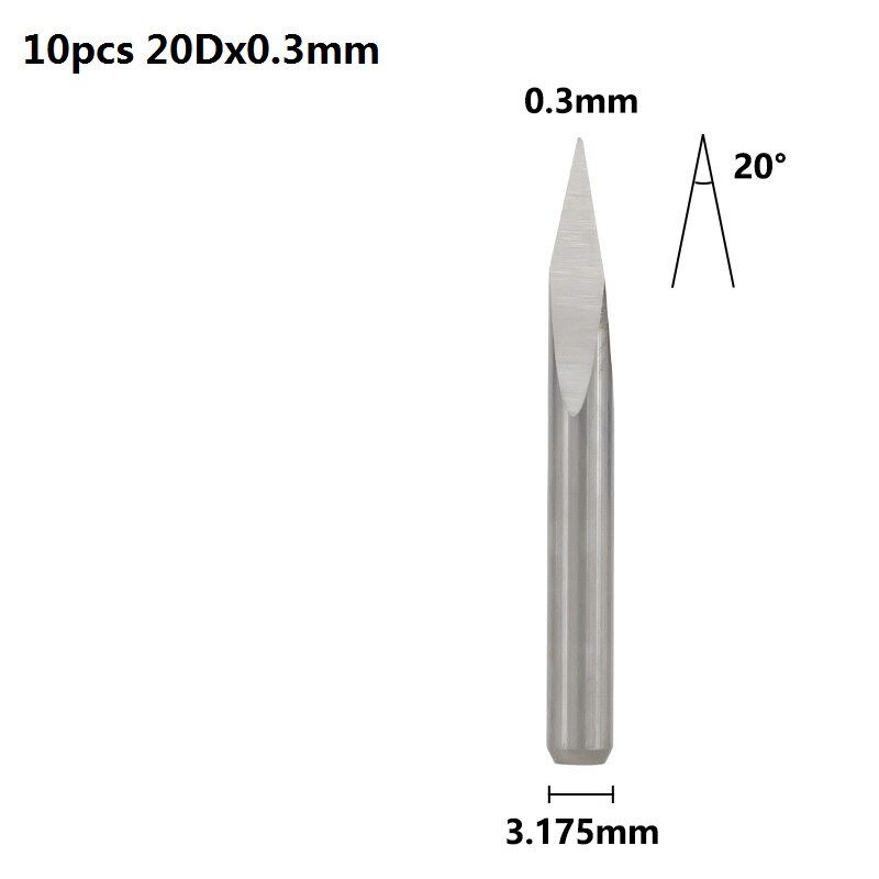 Xcan 3 Rand Piramide Graveren Bits 10 Stuks 20/30/40/45/60/90 Graden Tip 0.1-0.3Mm 3.175Mm Shank Cnc 3D Frees: 10pcs 20Dx0.3mm