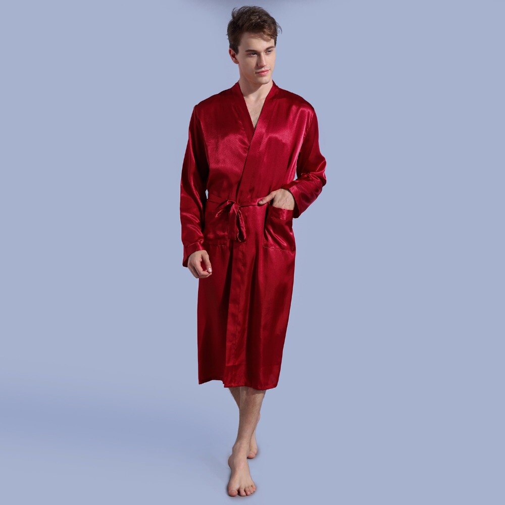 Marineblå badekåpe uformelt natttøy ночное платье pyjamas løs fritid herre nattøy rayon sateng kappe kjole fast kimono: Vinrød / S