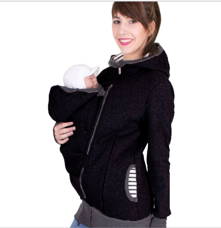 Vrouwen Moederschap Uitloper Baby Pouch Carrier Verpleging Hoodie Kangoeroe Rits Voor Zwangerschap Jas Vrouwen Borstvoeding Hooded Tops: Black / 3XL