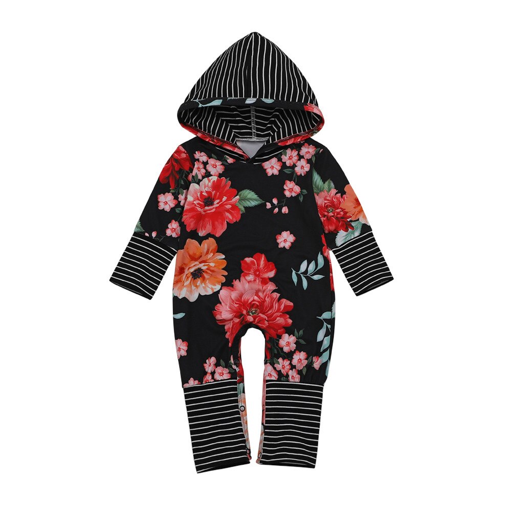 Pasgeboren Baby Baby Boy Meisje Bloemen Hooded Strepen Romper Jumpsuit Kleding Katoen Comfortabele Pasgeboren Baby Kleding 0-2 jaar: 24M