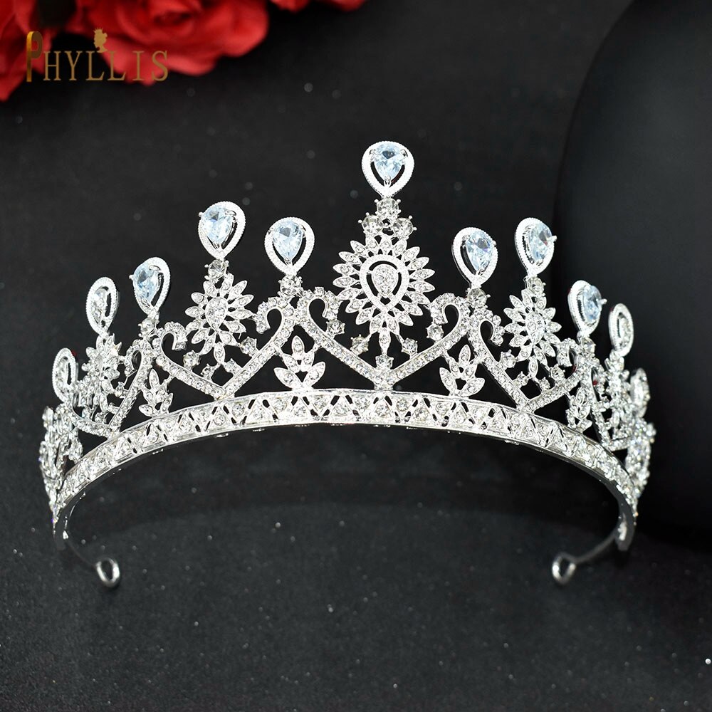 A213 Zirkoon Bruiloft Ronde Crown Luxe Diadeem Hoofdband Rhinestone Hoofddeksel Bridal Hoofddeksels Koning Tiara Prinses Haar Jewerly: Silver Plated
