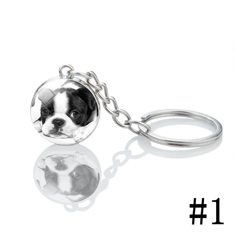 Men's Boston Terrier Keychain Black and White Dog Photo Glass Ball Pendant Keyring Decoration Pendant for Women: WHITE