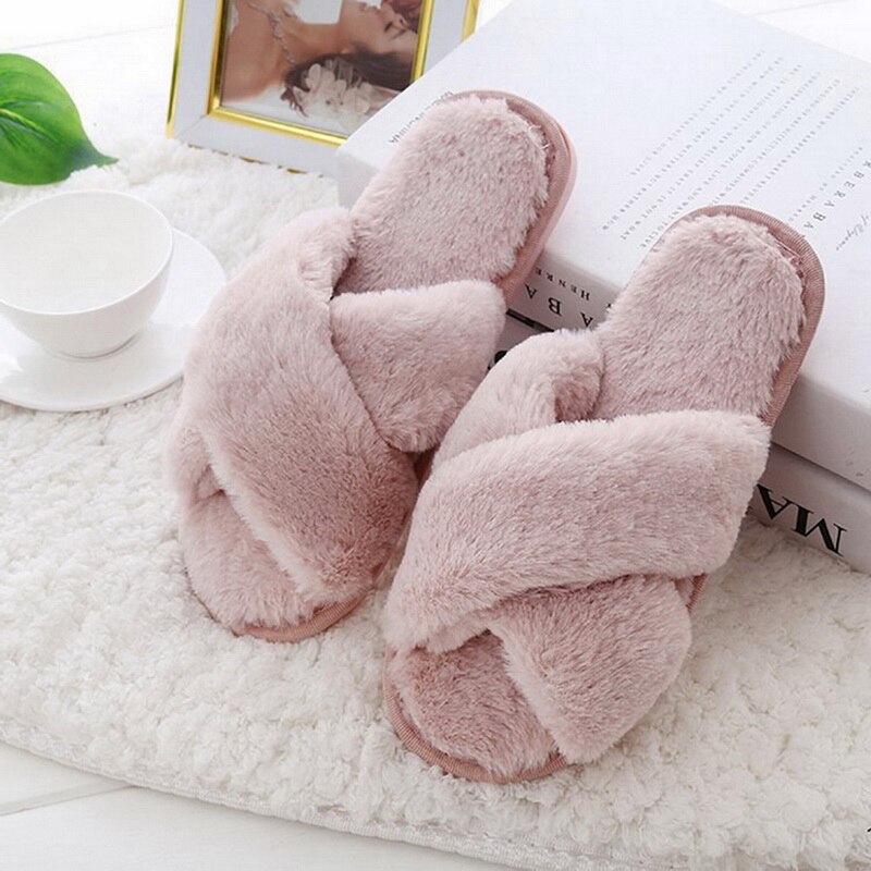 Zachte Winter Dames Slippers Warm Huis Indoor Slaapkamer Pluche Open Teen Sandalen Mode Meisjes Indoor Slippers Schoenen Voor Vrouwen: Pink / 36-37