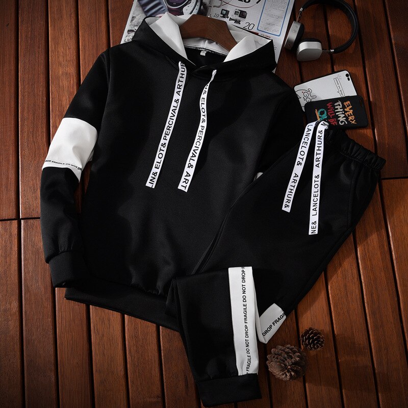 Men's Sport Leisure Suit Hooded Pullover Hoodie Two-piece Suit Long Sleeve Polyester Sport Casual Sweatshirt Suit: XXXL / black