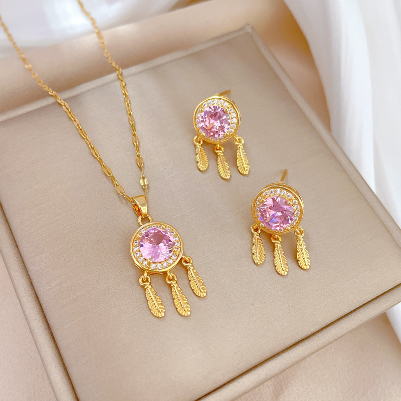 Luxury Crystal Flower Star Bowknot Butterfly Stud Earrings Necklace Set for Women Waterdrop Angel Stainless Steel Jewelry Sets