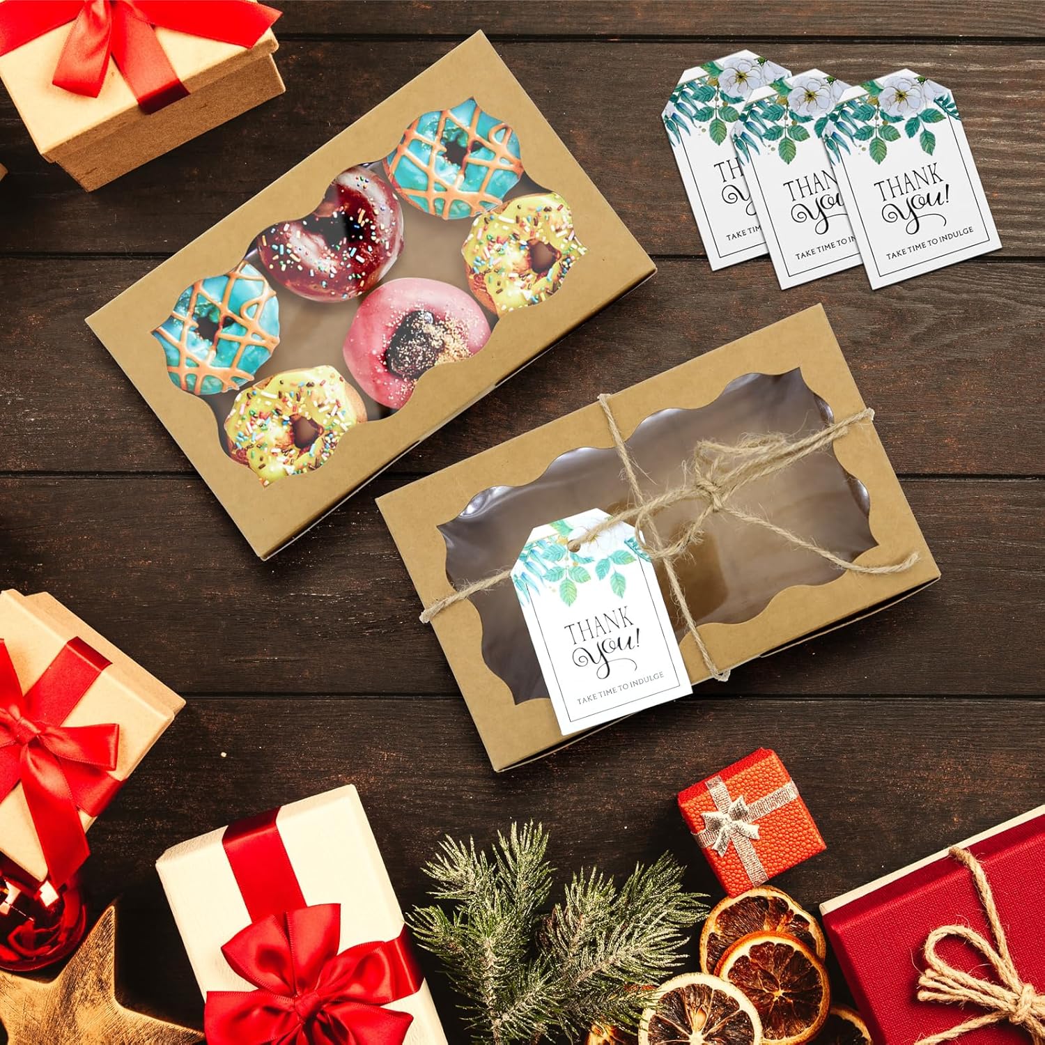 Cajas para galletas con ventana transparente, pequeñas cajas de dulces Kraft, cajas de pastelería premium con etiquetas, cuerdas para embalaje de galletas, postres y magdalenas
