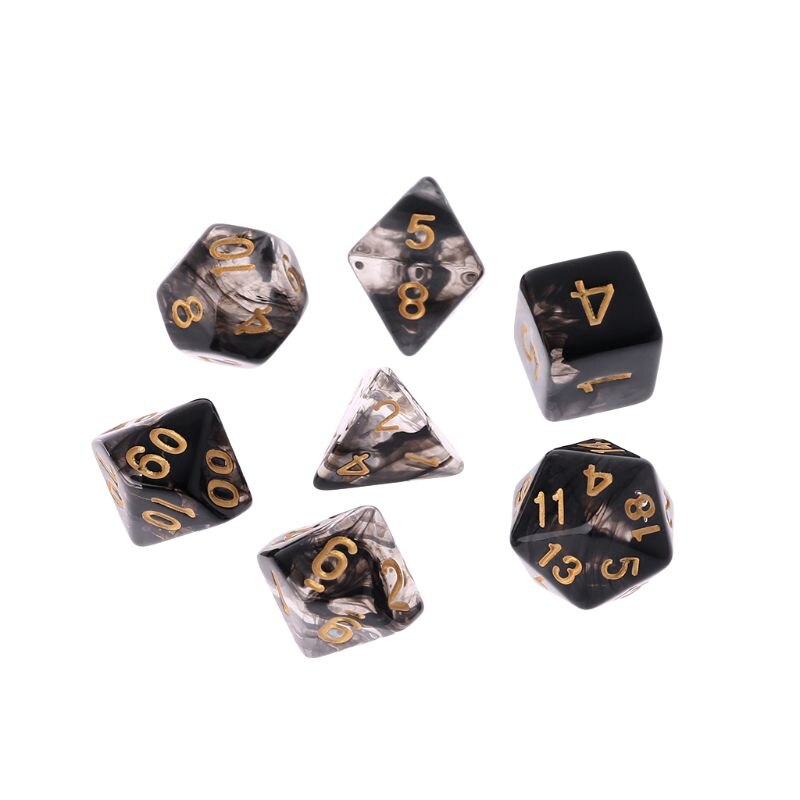 7 stuks/set speldobbelstenen transparante dobbelstenen multi-side desktop games party play polyhedral zwart/roze  q22f