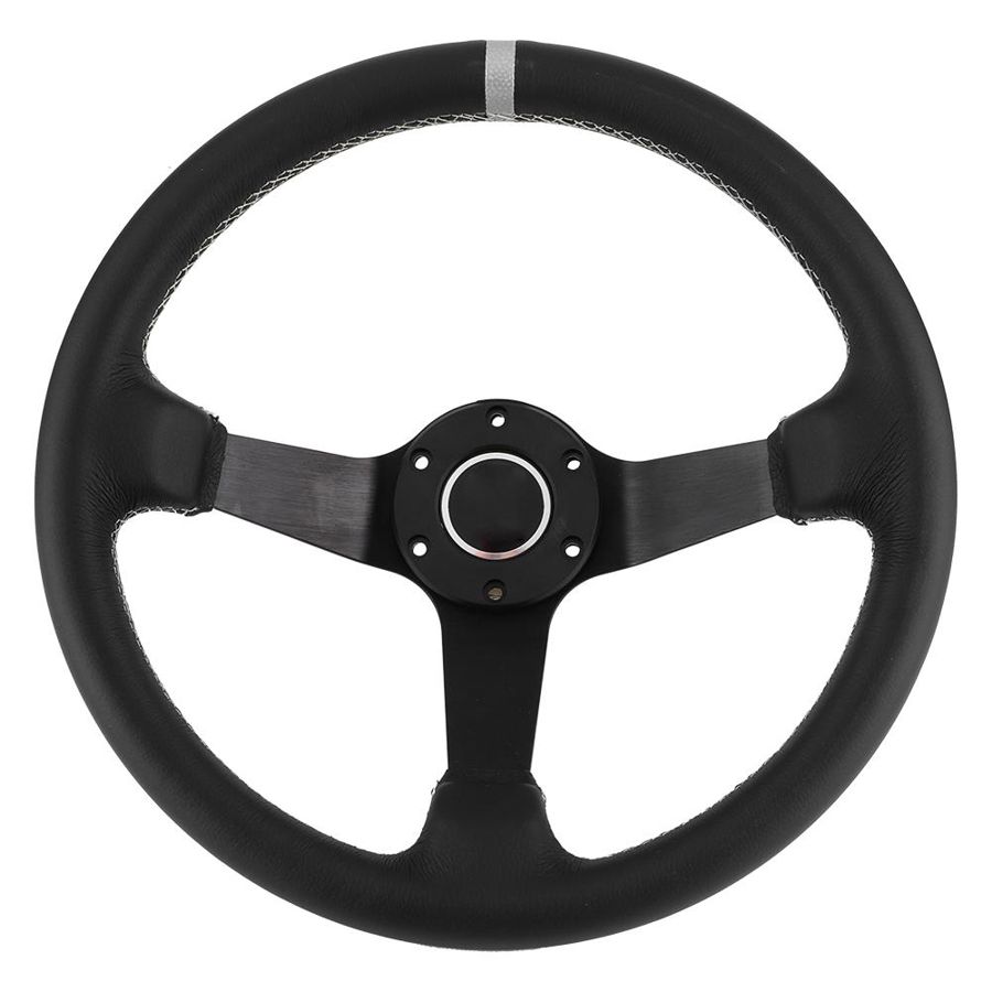 350mm/14in Steering Wheel for SPARCO Style 6-Bolt Deep Dish Black Leather Racing Steering Wheel W/ Horn