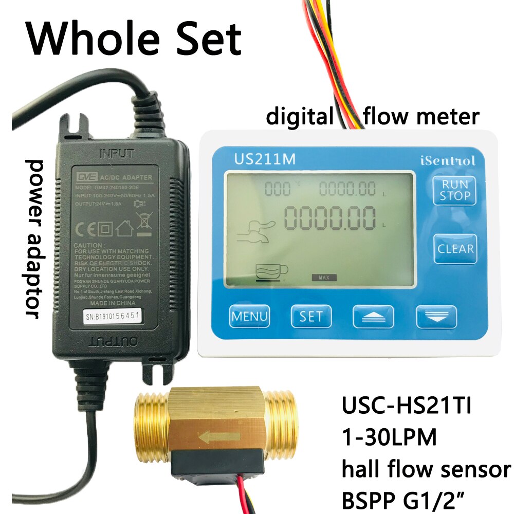 Us211m vandstrømsmåler digital hall vandstrømssensorlæser med messing usc -hs21ti 1-30l/ min hall vandstrømsmåler turbine: Hele sæt