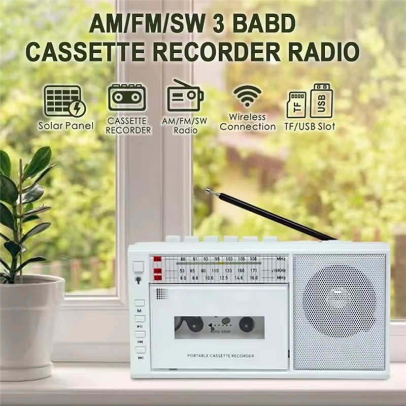 ABUO-Portable Retro USB AM/FM SW Multiband Radio Stereo Bluetooth Wireless Mp3 Audio Cassette Tape Player Recorder EU Plug