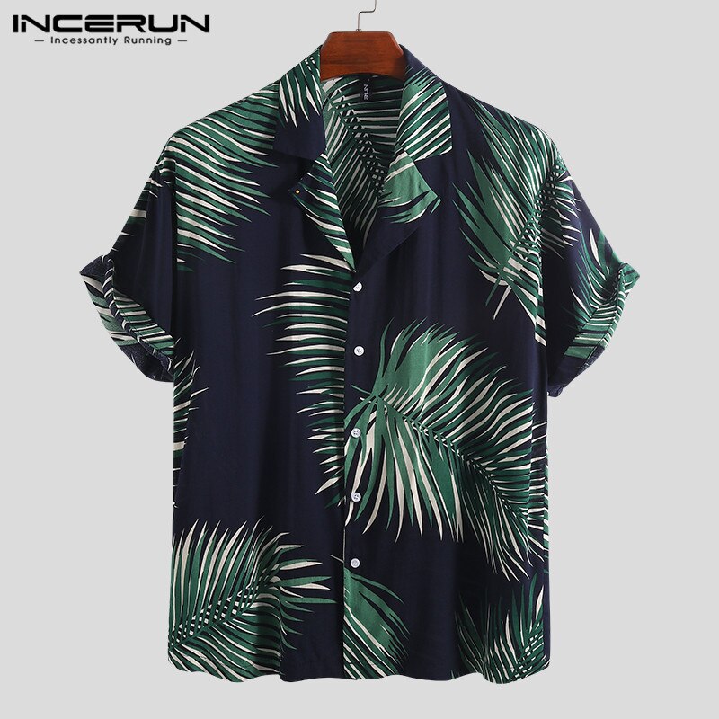 INCERUN Summer Men Beach Hawaiian Shirts Printed Lapel Neck Short Sleeve Casual Brand Men Tropical Tops Chemise: Navy Shirt / XXXL